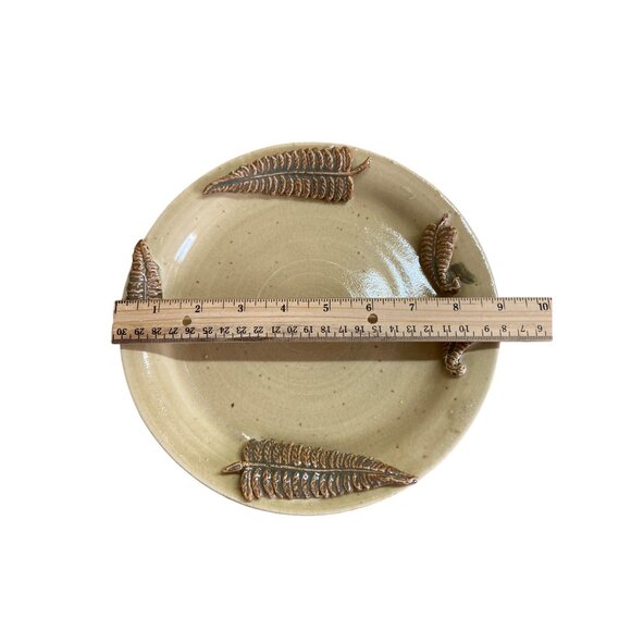 Handcrafted Ceramic 9 in Plate Embossed Brown Green Fern Botanical Pottery - Picture 4 of 8